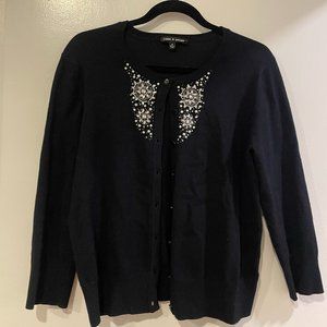 Black Sweater Cardigan with Rinestone and Pearl Embellishments - MEDIUM